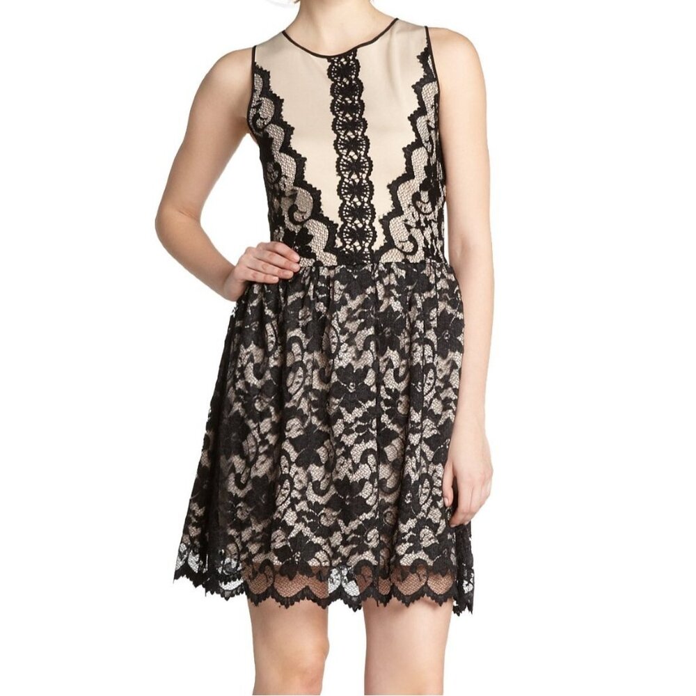 Wyatt Women's Black Stretch Lace & Nude Silk Skirt Dress in size L NWT MSRP $260